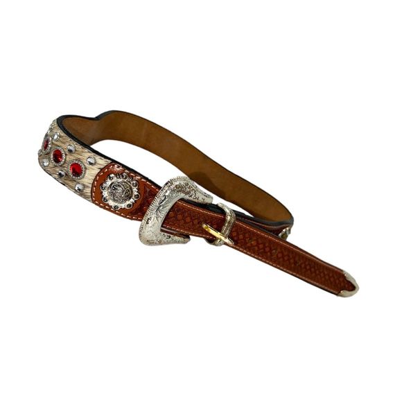 3-D western belt 28 calf hair gems crystals DDD silver hardware red leather - Picture 4 of 13